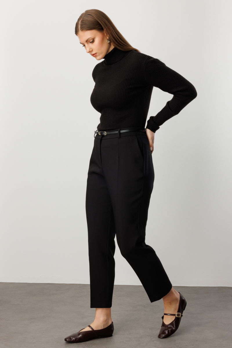 Ekol Kadın Büyük Beden Beli Kemerli Dar Paça Pantolon 1015 Siyah - 2