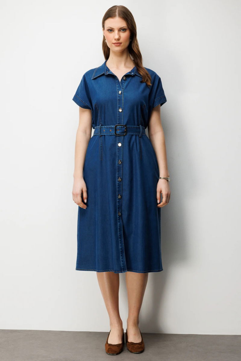 Ekol Kadın Büyük Beden Beli Kemerli Polo Yaka Midi Elbise 6542 Indigo - Ekol