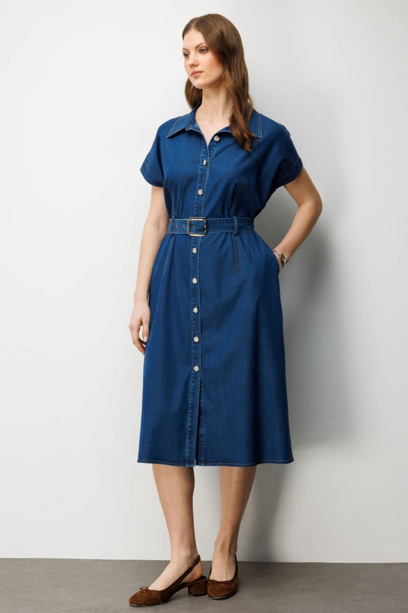 Ekol Kadın Büyük Beden Beli Kemerli Polo Yaka Midi Elbise 6542 Indigo - 2