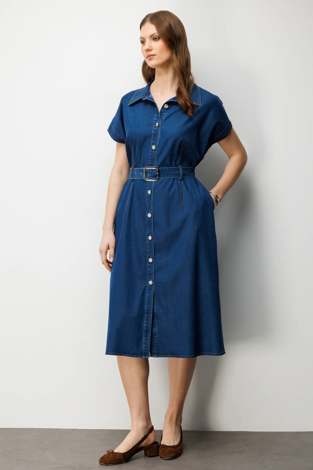 Ekol Kadın Büyük Beden Beli Kemerli Polo Yaka Midi Elbise 6542 Indigo - 2