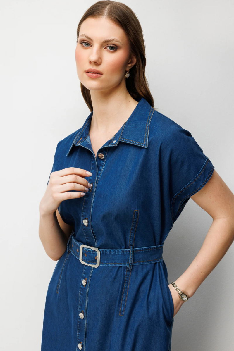 Ekol Kadın Büyük Beden Beli Kemerli Polo Yaka Midi Elbise 6542 Indigo - 3