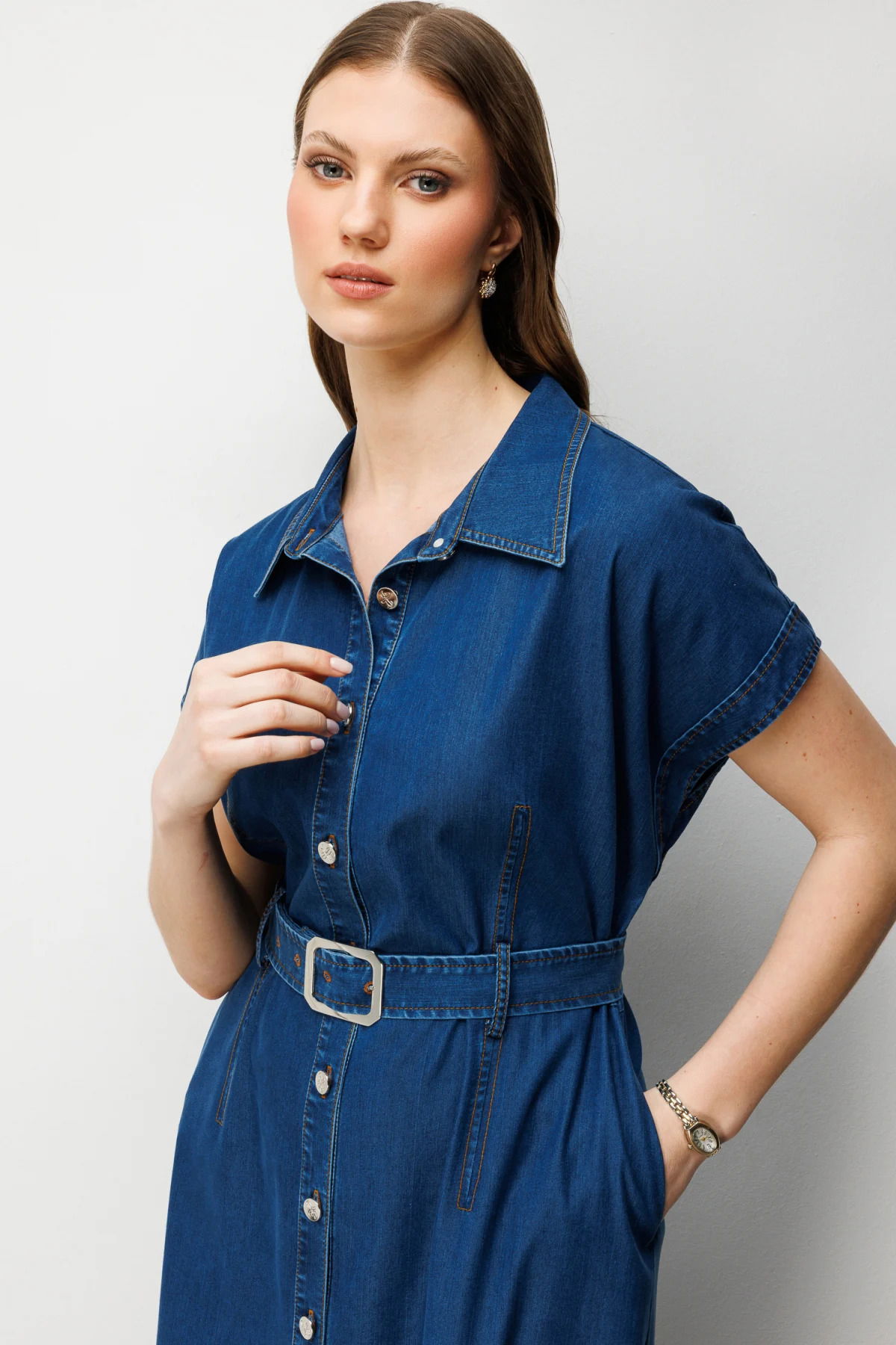 Ekol Kadın Büyük Beden Beli Kemerli Polo Yaka Midi Elbise 6542 Indigo - 3