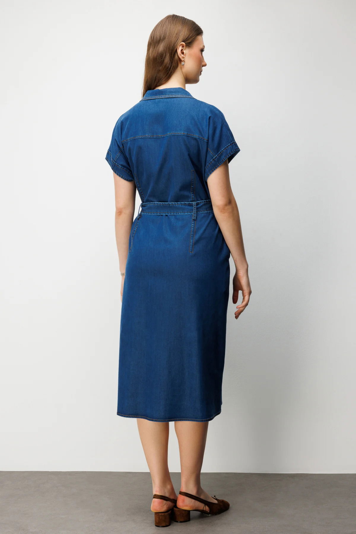 Ekol Kadın Büyük Beden Beli Kemerli Polo Yaka Midi Elbise 6542 Indigo - 4