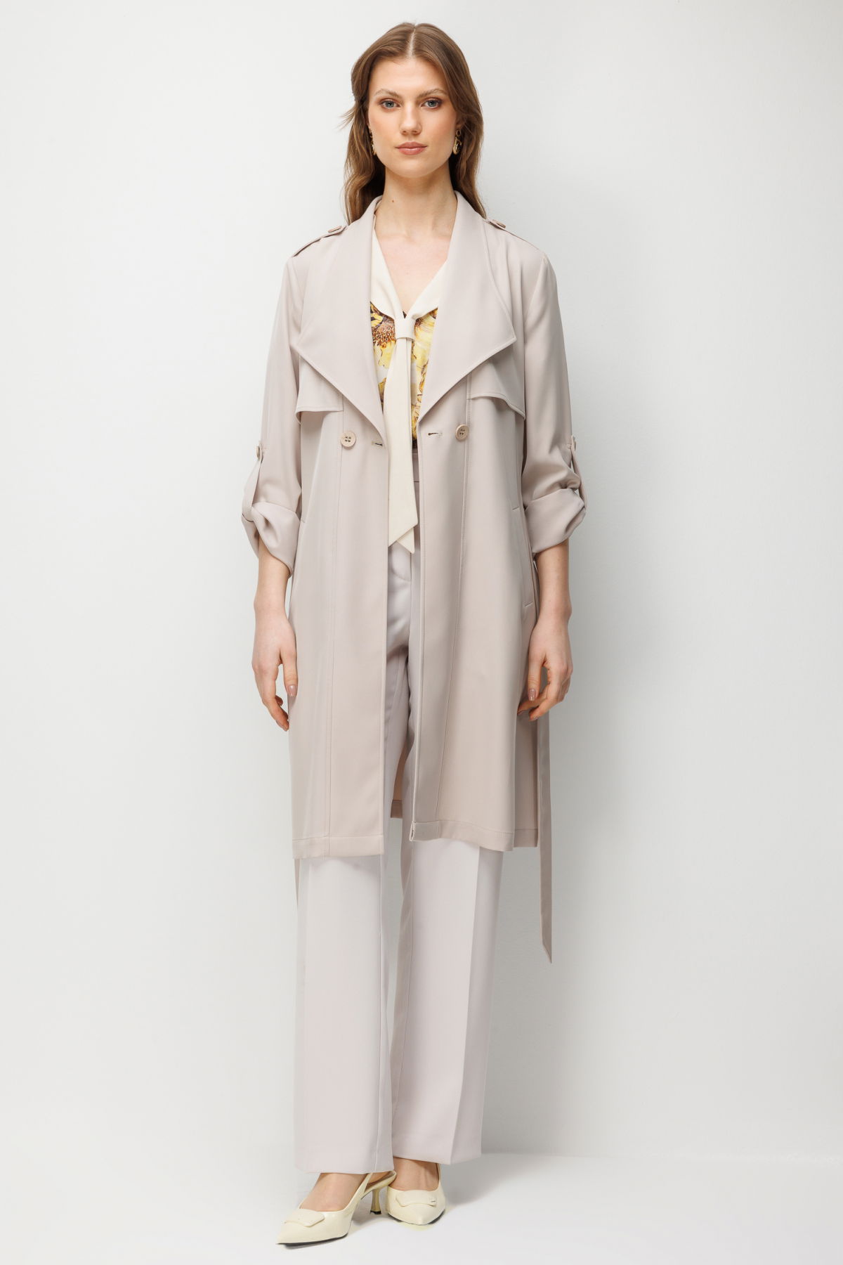 Ekol Kadın Büyük Beden Beli Kuşaklı Apoletli Trenç 7522 Kum - 2