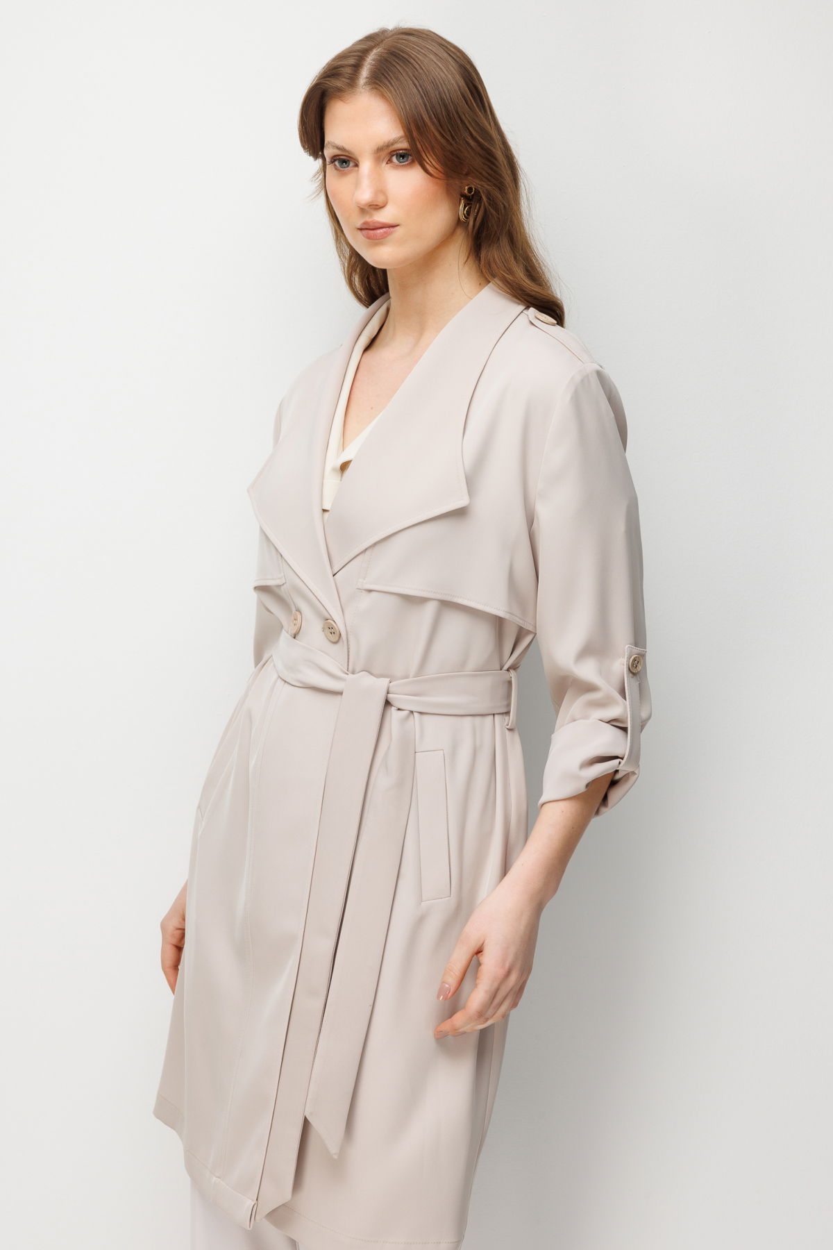 Ekol Kadın Büyük Beden Beli Kuşaklı Apoletli Trenç 7522 Kum - 3