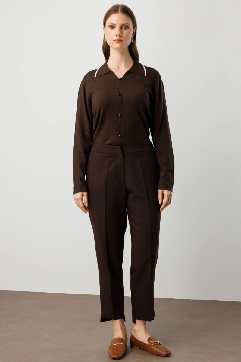 Ekol Kadın Büyük Beden Beli Lastikli Dar Paça Kumaş Pantolon 5531 Kahverengi - 2