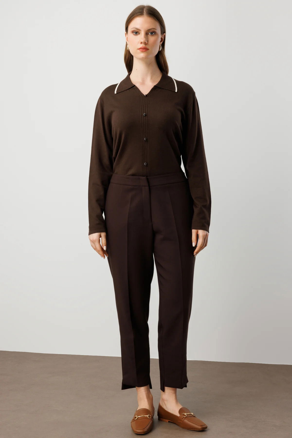 Ekol Kadın Büyük Beden Beli Lastikli Dar Paça Kumaş Pantolon 5531 Kahverengi - 2