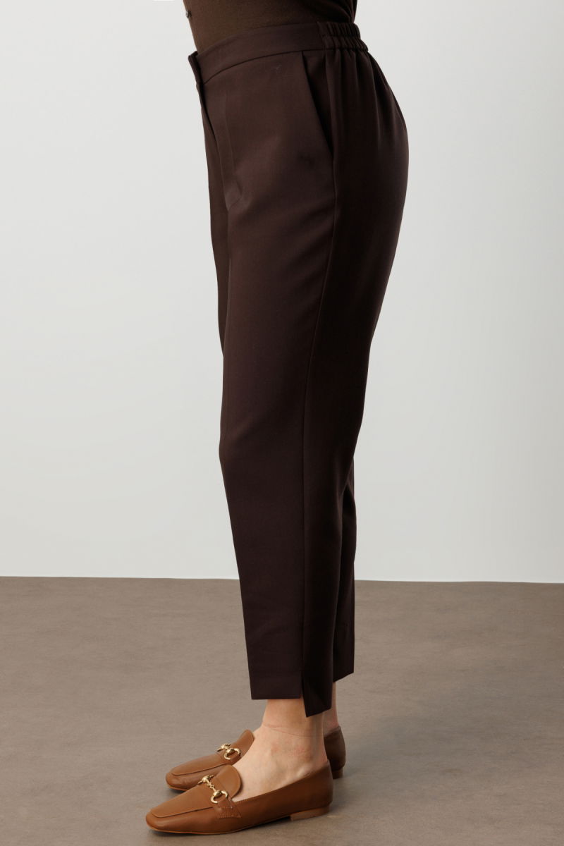 Ekol Kadın Büyük Beden Beli Lastikli Dar Paça Kumaş Pantolon 5531 Kahverengi - 3