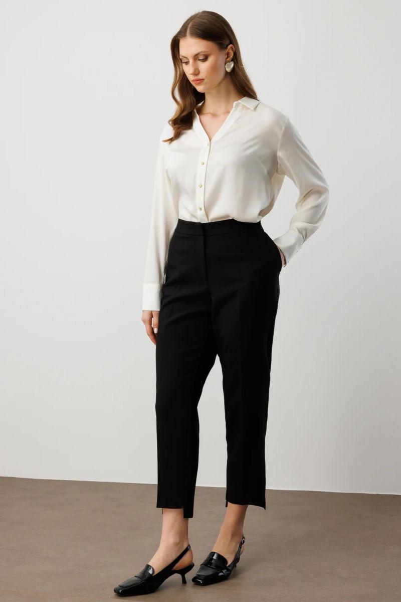 Ekol Kadın Büyük Beden Beli Lastikli Dar Paça Kumaş Pantolon 5531 Siyah - Ekol