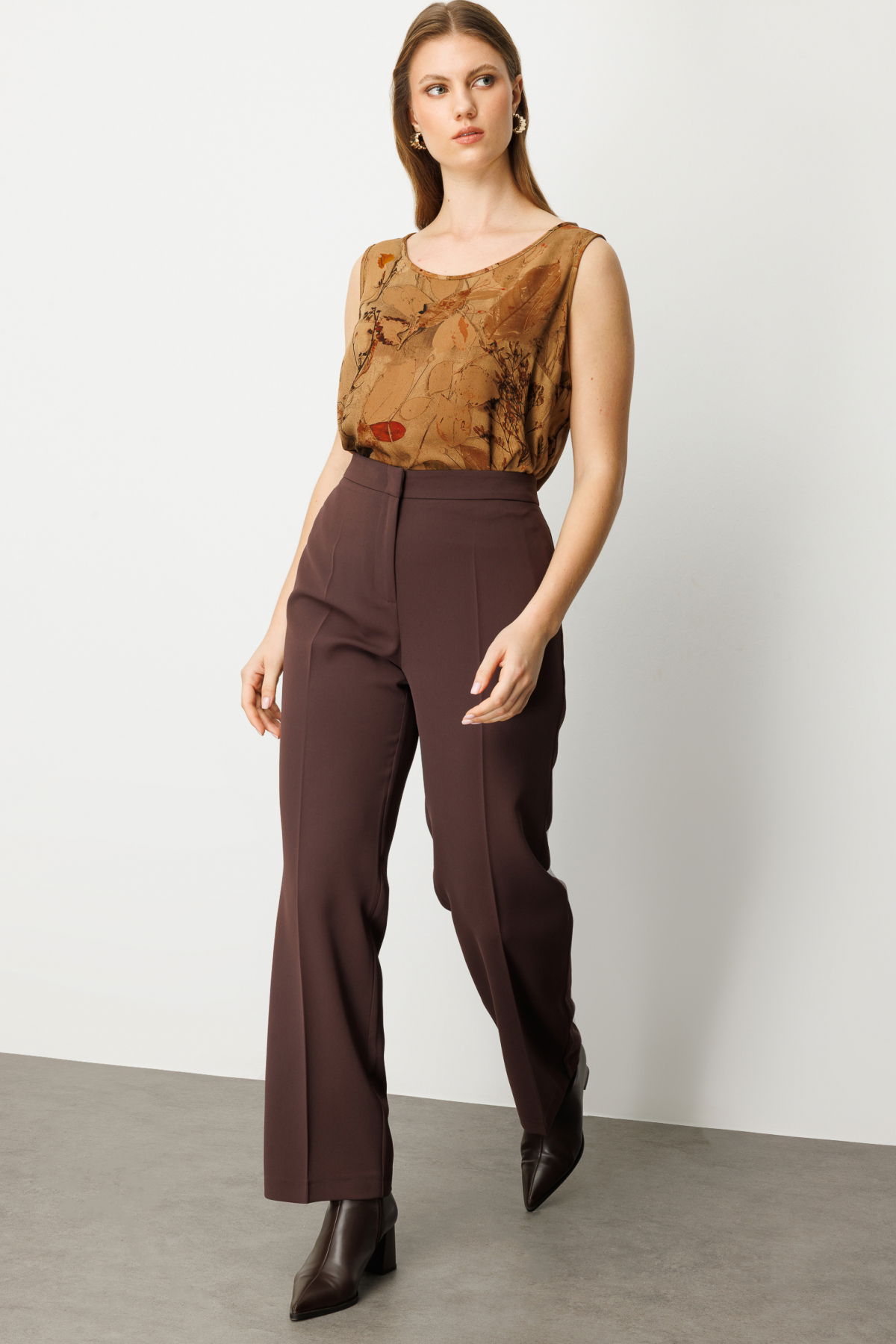 Ekol Kadın Büyük Beden Bol Paça Krep Pantolon 1033 Kahverengi - 2