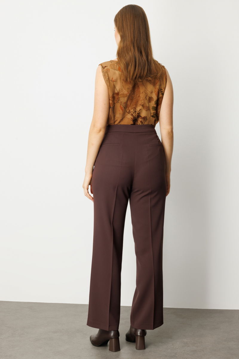 Ekol Kadın Büyük Beden Bol Paça Krep Pantolon 1033 Kahverengi - 4