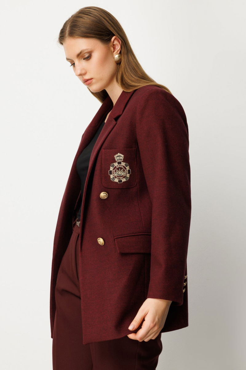 Ekol Kadın Büyük Beden Cebi Armalı Ceket 5571 Bordo - 2