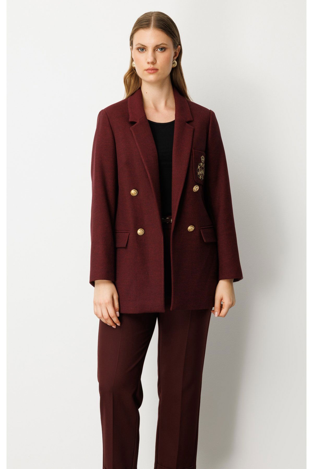 Ekol Kadın Büyük Beden Cebi Armalı Ceket 5571 Bordo - 3