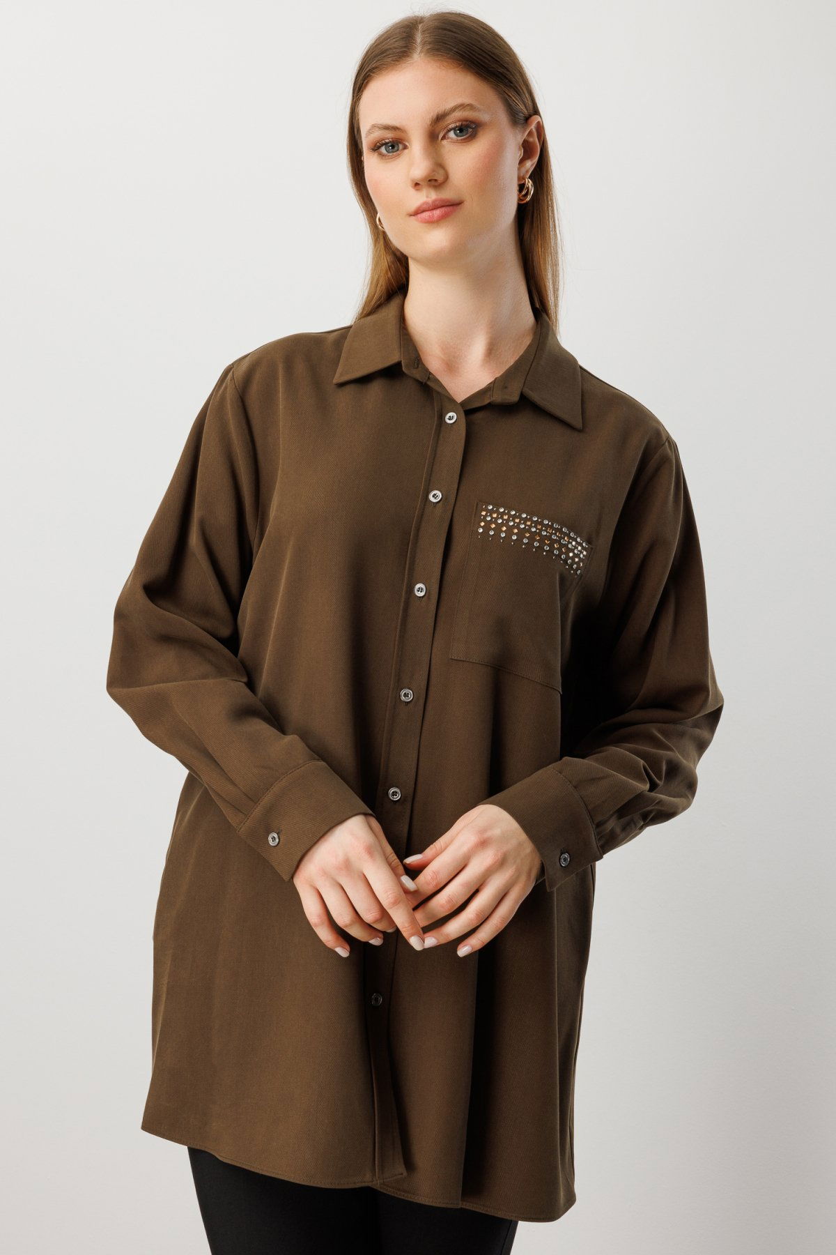 Ekol Kadın Büyük Beden Cebi Taş İşlemeli Gömlek 3561 Haki - 1
