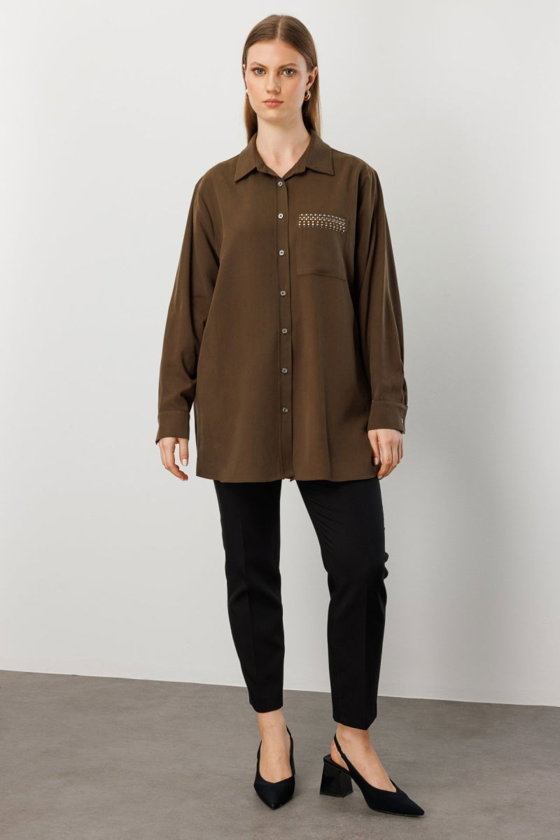 Ekol Kadın Büyük Beden Cebi Taş İşlemeli Gömlek 3561 Haki - 2