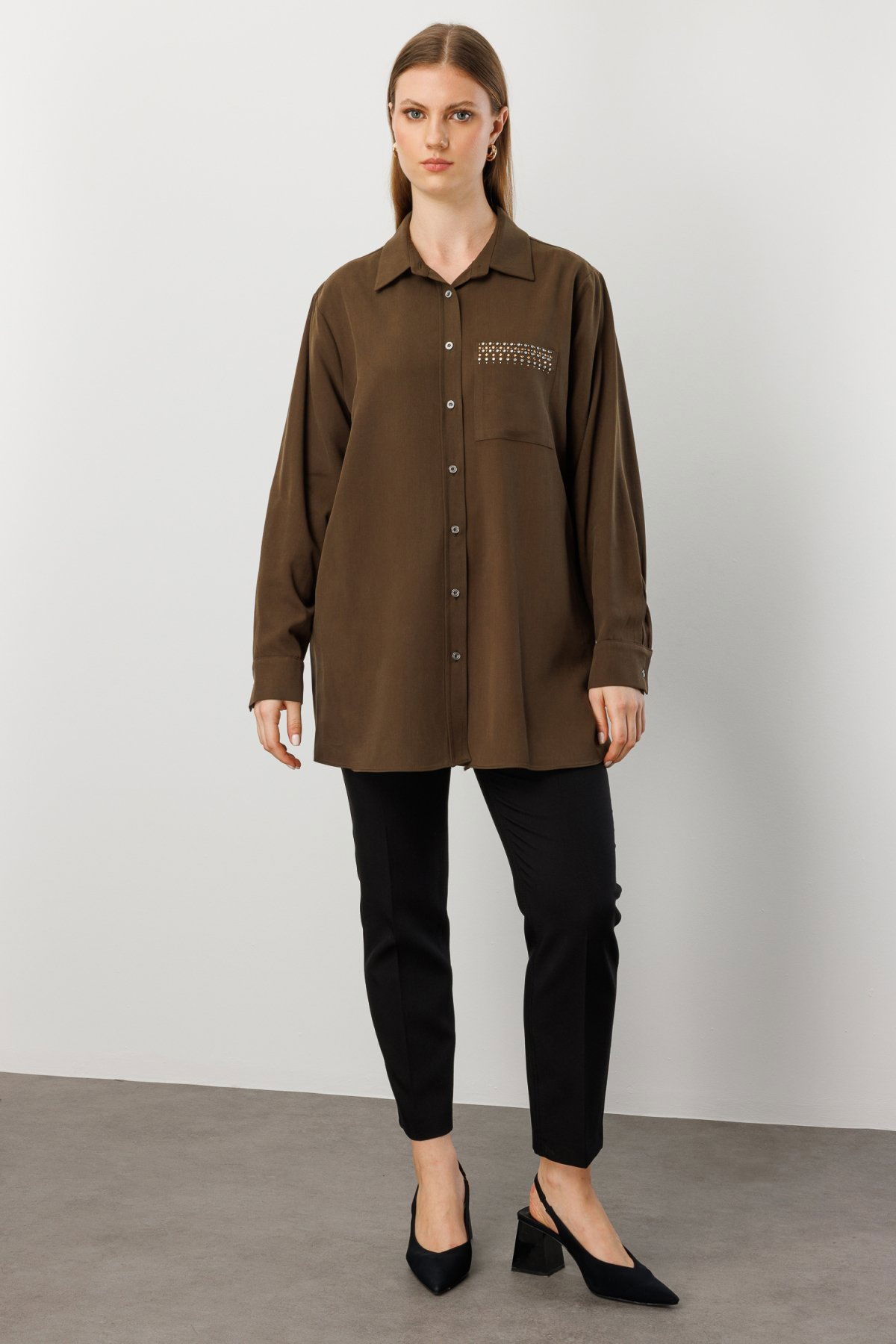 Ekol Kadın Büyük Beden Cebi Taş İşlemeli Gömlek 3561 Haki - 2