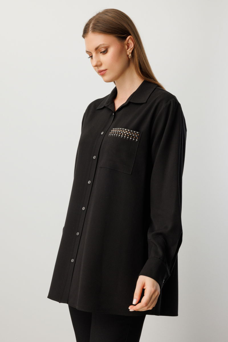 Ekol Kadın Büyük Beden Cebi Taş İşlemeli Gömlek 3561 Siyah - 2