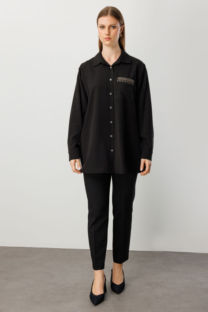 Ekol Kadın Büyük Beden Cebi Taş İşlemeli Gömlek 3561 Siyah - 3