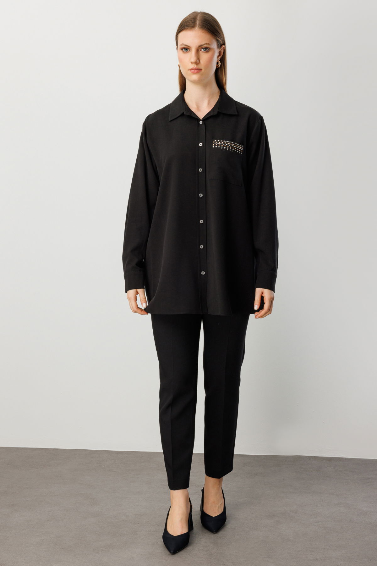 Ekol Kadın Büyük Beden Cebi Taş İşlemeli Gömlek 3561 Siyah - 3