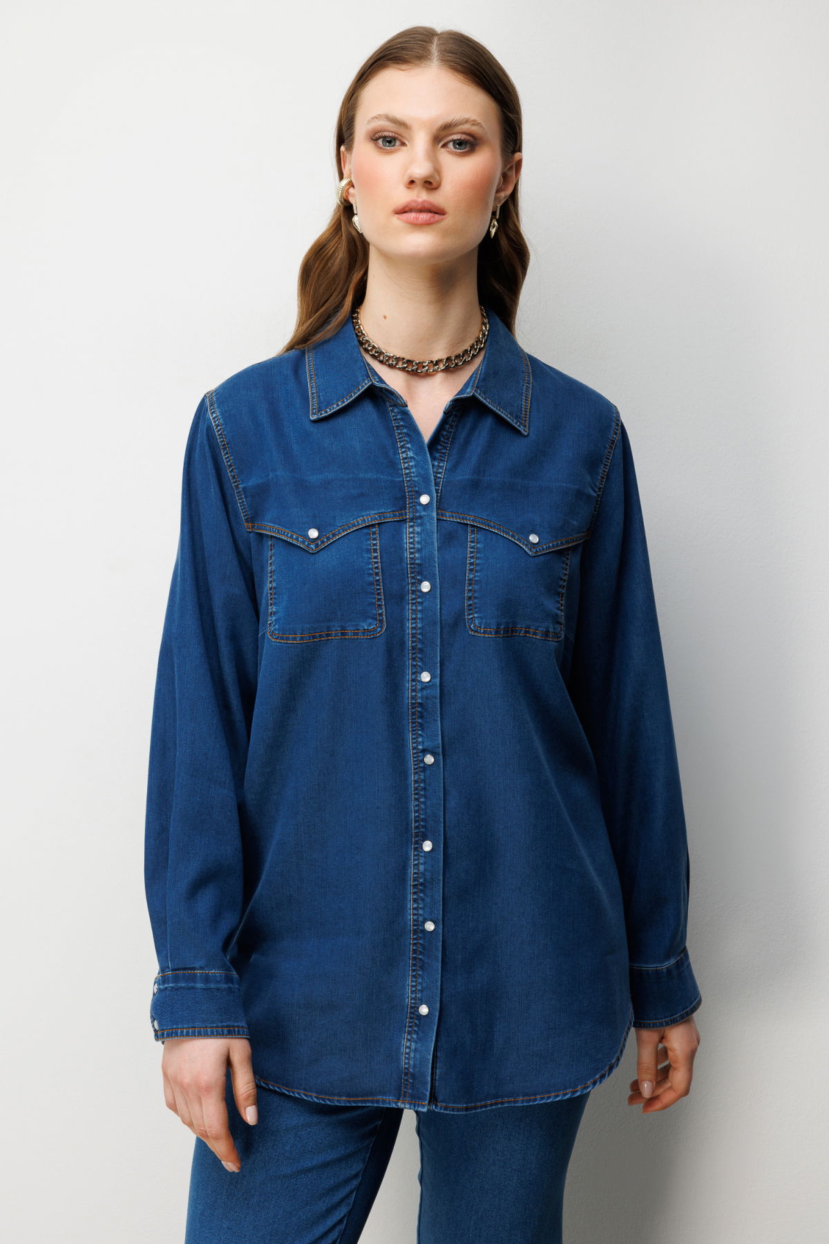 Ekol Kadın Büyük Beden Cep Detaylı Çıtçıtlı Gömlek 2602 Indigo - 1