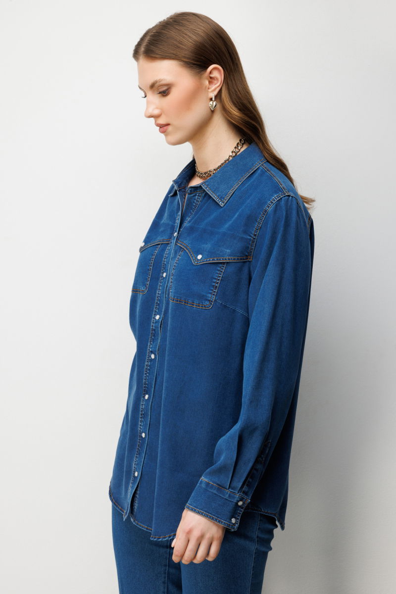 Ekol Kadın Büyük Beden Cep Detaylı Çıtçıtlı Gömlek 2602 Indigo - 2