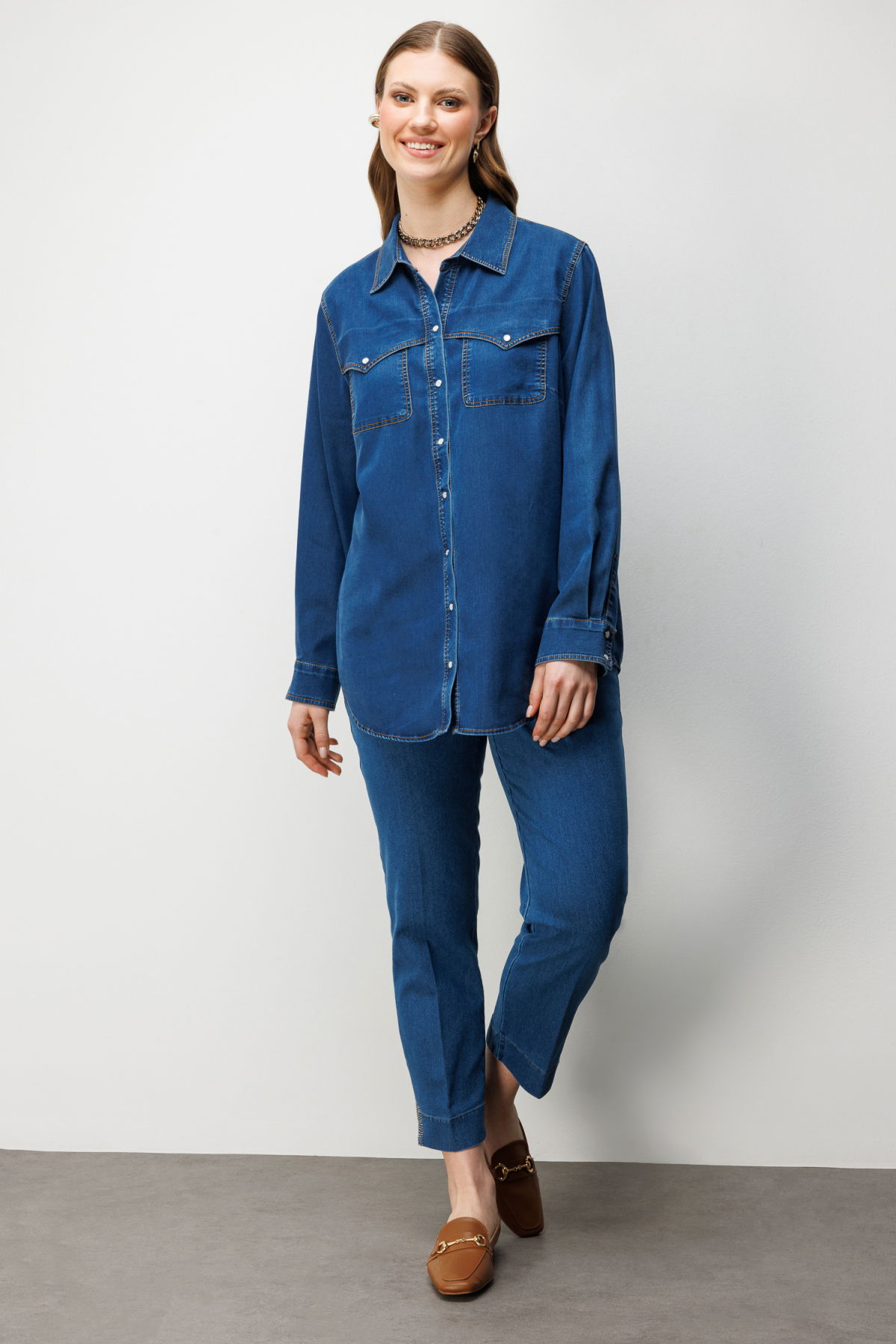 Ekol Kadın Büyük Beden Cep Detaylı Çıtçıtlı Gömlek 2602 Indigo - 3