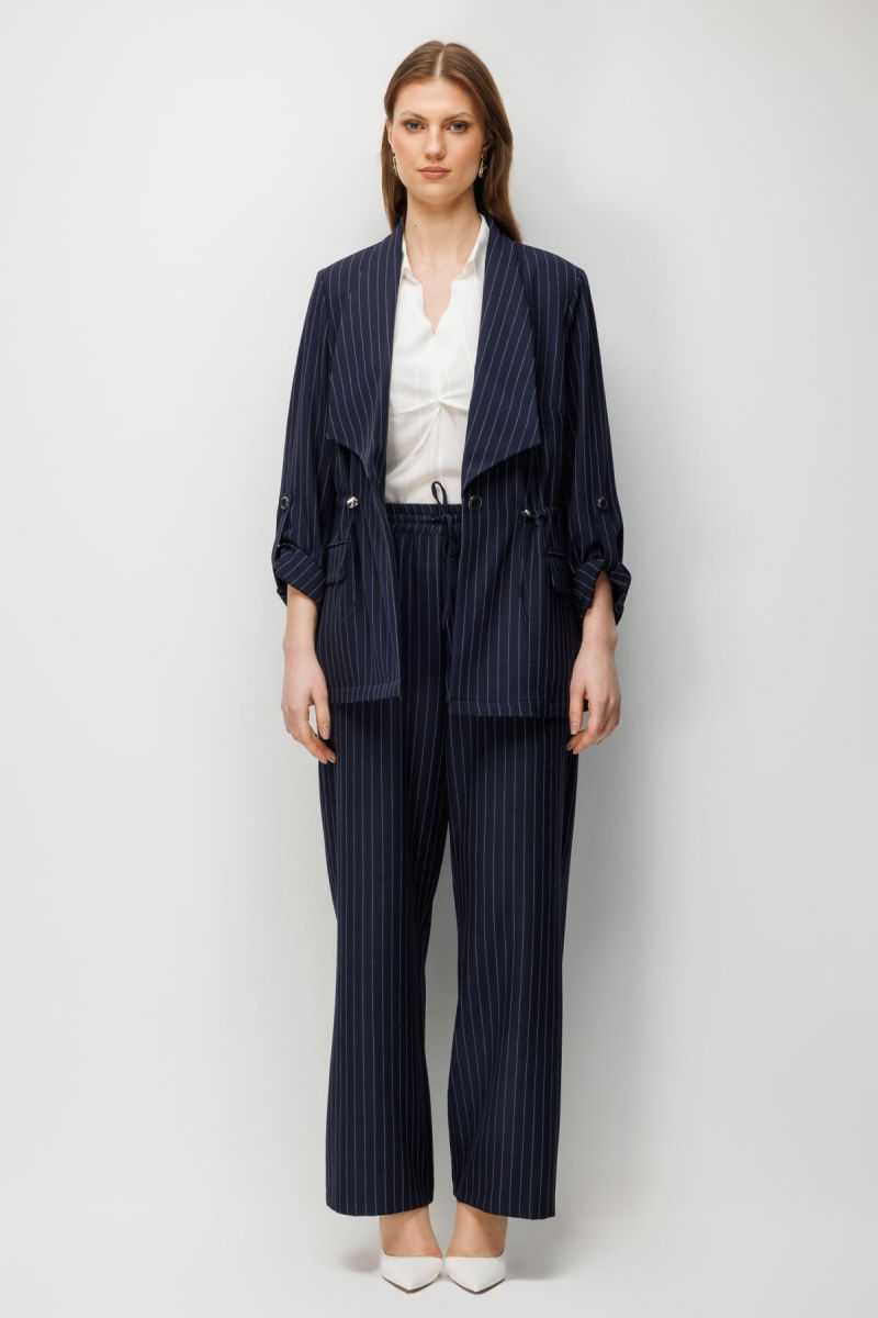 Ekol Kadın Büyük Beden Çizgi Desenli Bol Paça Pantolon 1590 Lacivert - Ekol