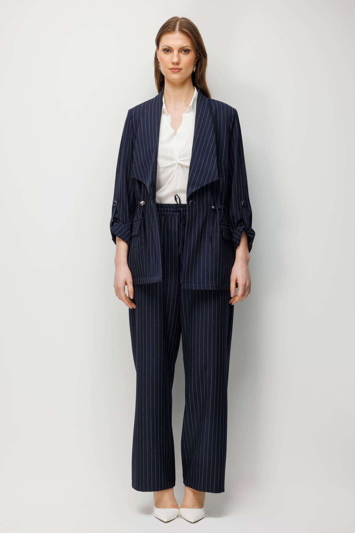 Ekol Kadın Büyük Beden Çizgi Desenli Bol Paça Pantolon 1590 Lacivert - 1