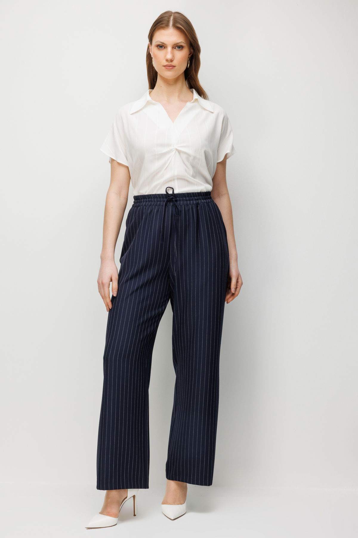 Ekol Kadın Büyük Beden Çizgi Desenli Bol Paça Pantolon 1590 Lacivert - 2