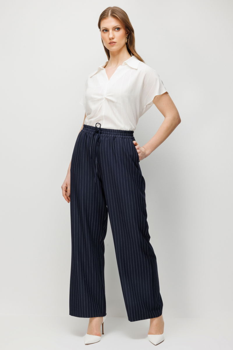 Ekol Kadın Büyük Beden Çizgi Desenli Bol Paça Pantolon 1590 Lacivert - 3