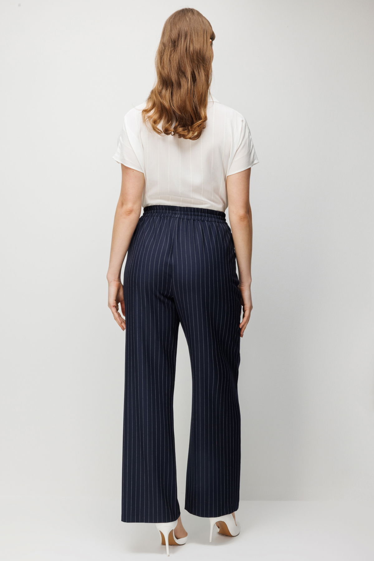 Ekol Kadın Büyük Beden Çizgi Desenli Bol Paça Pantolon 1590 Lacivert - 4