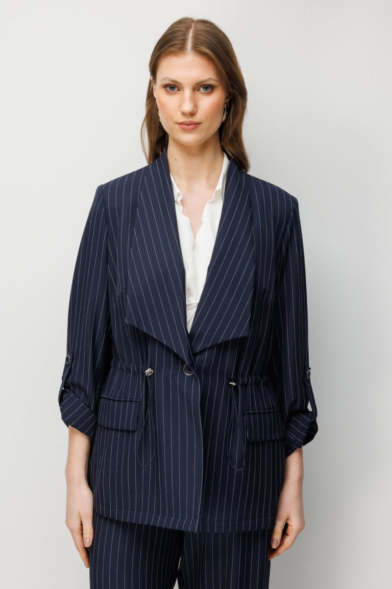 Ekol Kadın Büyük Beden Çizgi Desenli Kapak Cepli Ceket 1588 Lacivert - Ekol