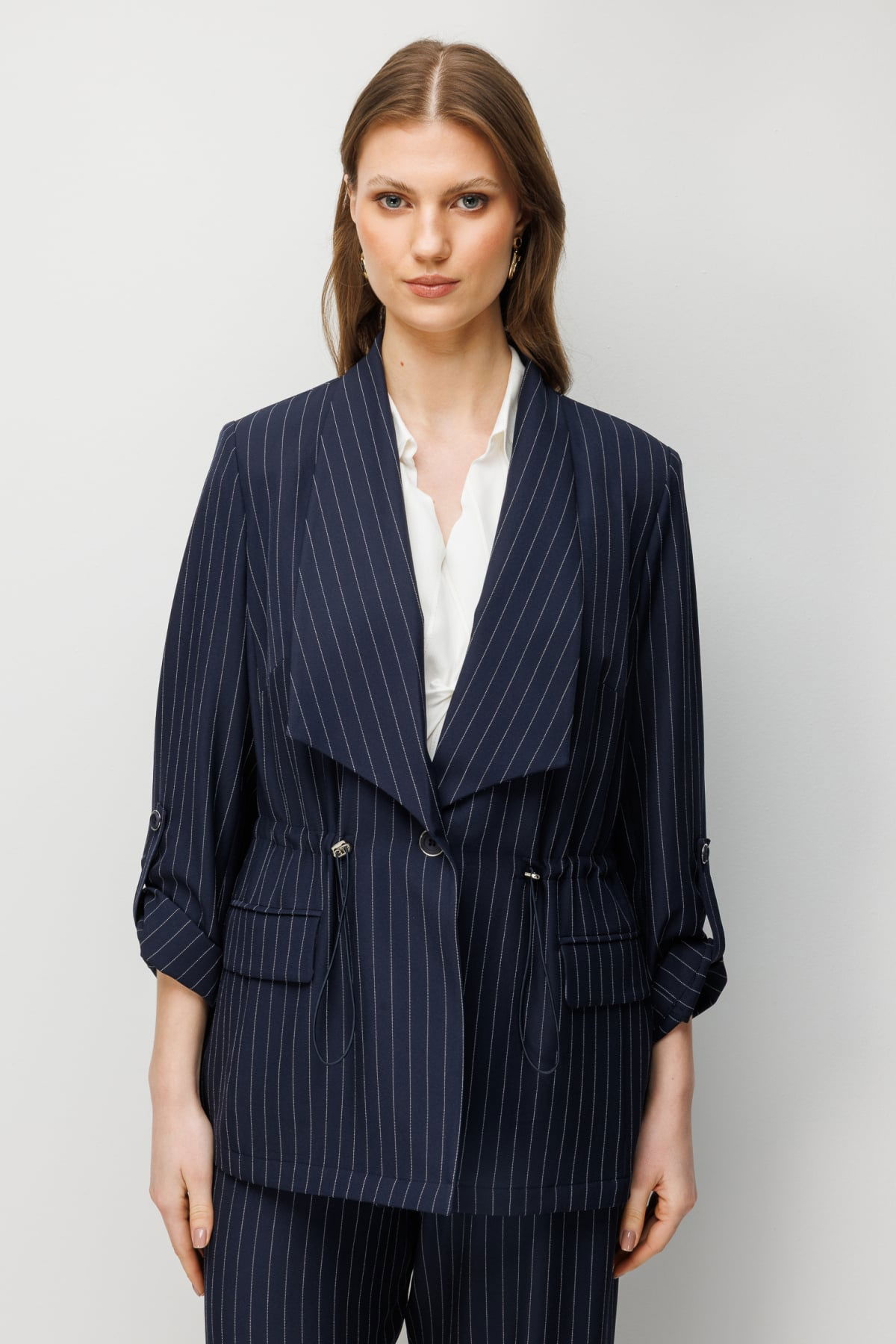 Ekol Kadın Büyük Beden Çizgi Desenli Kapak Cepli Ceket 1588 Lacivert - 1