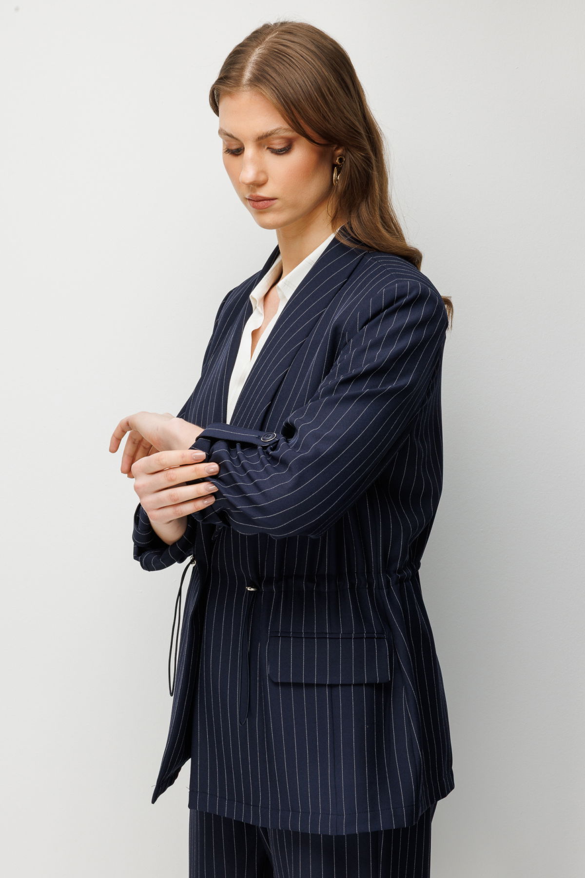 Ekol Kadın Büyük Beden Çizgi Desenli Kapak Cepli Ceket 1588 Lacivert - 2