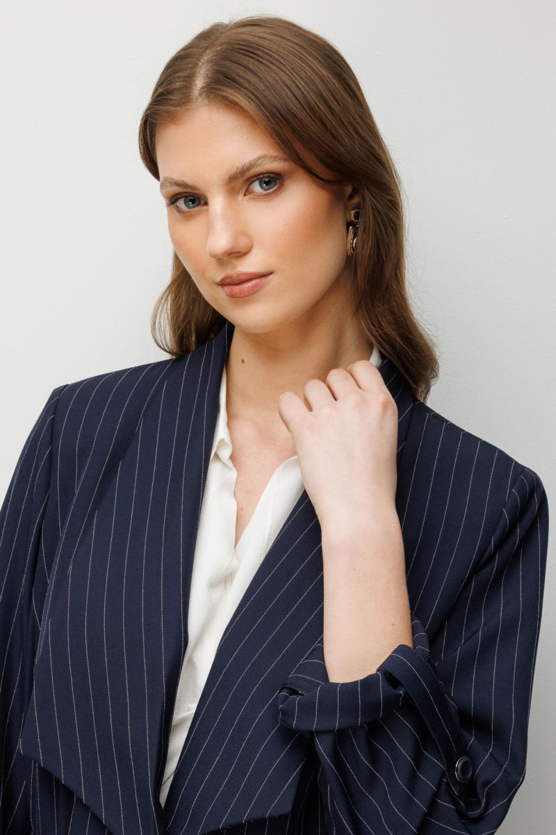 Ekol Kadın Büyük Beden Çizgi Desenli Kapak Cepli Ceket 1588 Lacivert - 3