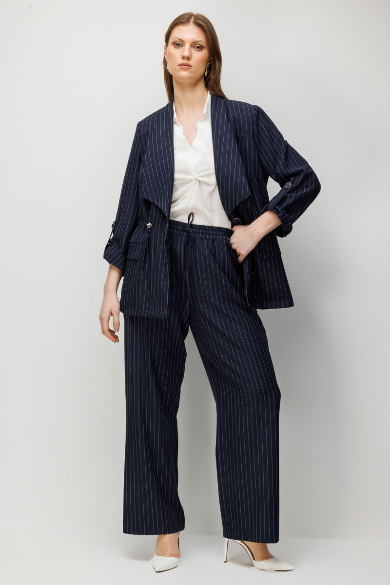 Ekol Kadın Büyük Beden Çizgi Desenli Kapak Cepli Ceket 1588 Lacivert - 4