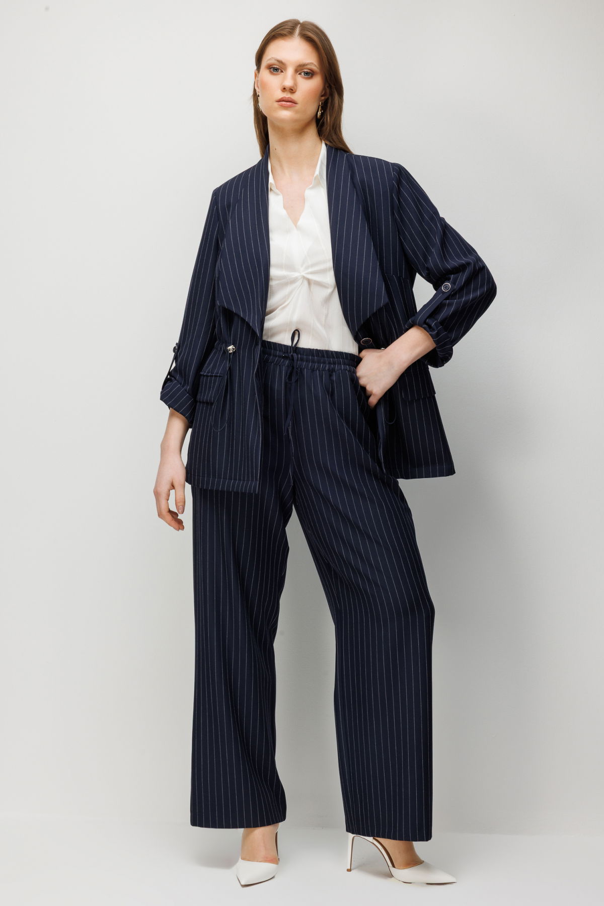 Ekol Kadın Büyük Beden Çizgi Desenli Kapak Cepli Ceket 1588 Lacivert - 4