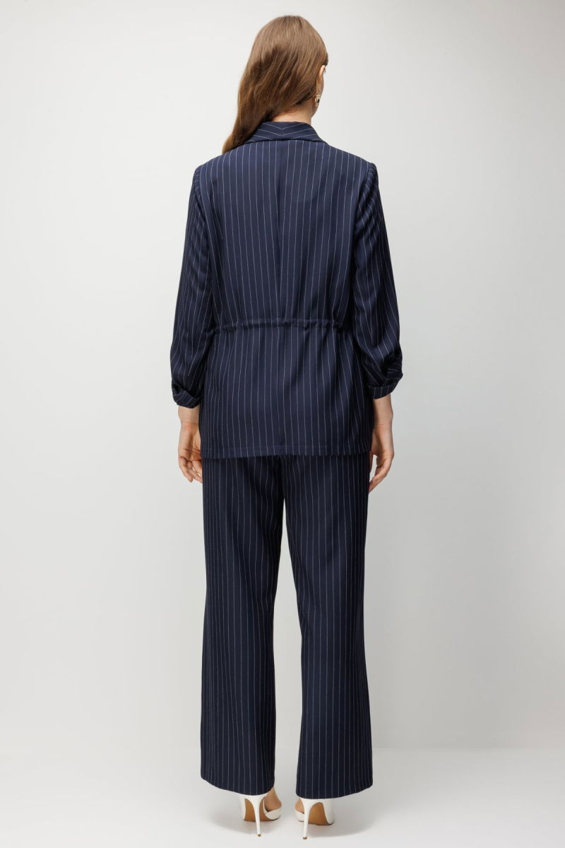 Ekol Kadın Büyük Beden Çizgi Desenli Kapak Cepli Ceket 1588 Lacivert - 5