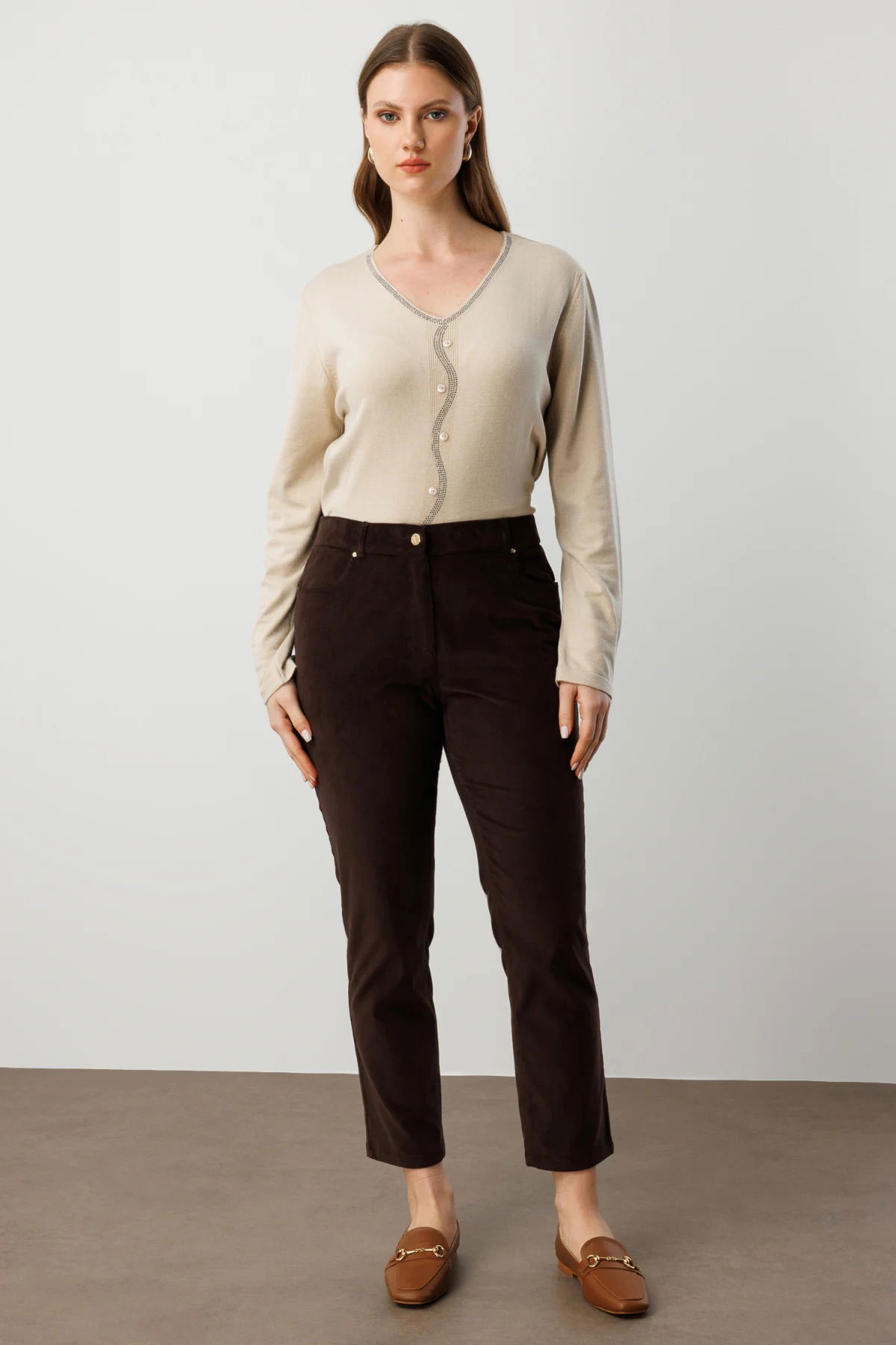 Ekol Kadın Büyük Beden Dar Paça Kadife Pantolon 1051 Kahverengi - 1