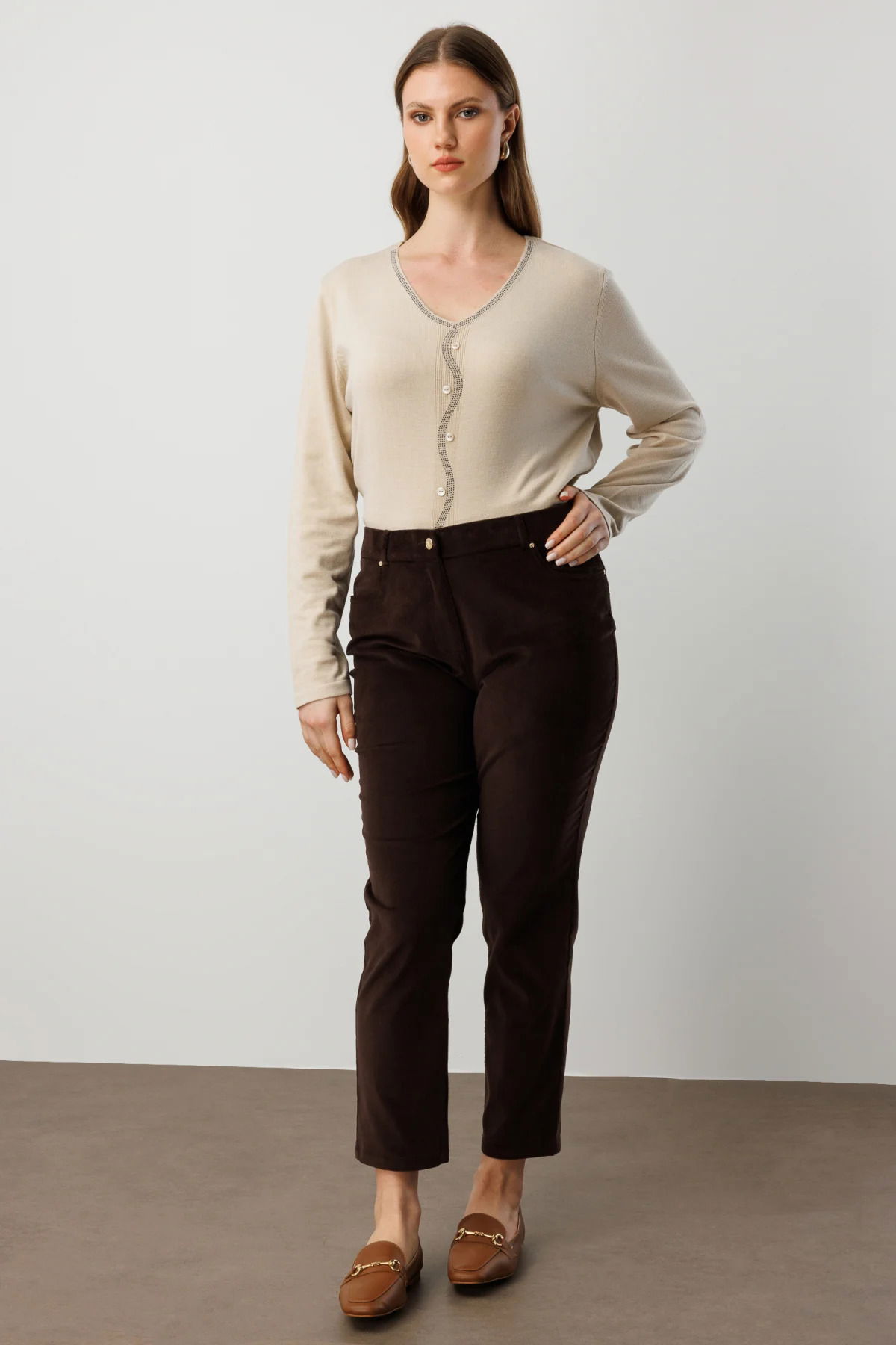 Ekol Kadın Büyük Beden Dar Paça Kadife Pantolon 1051 Kahverengi - 2