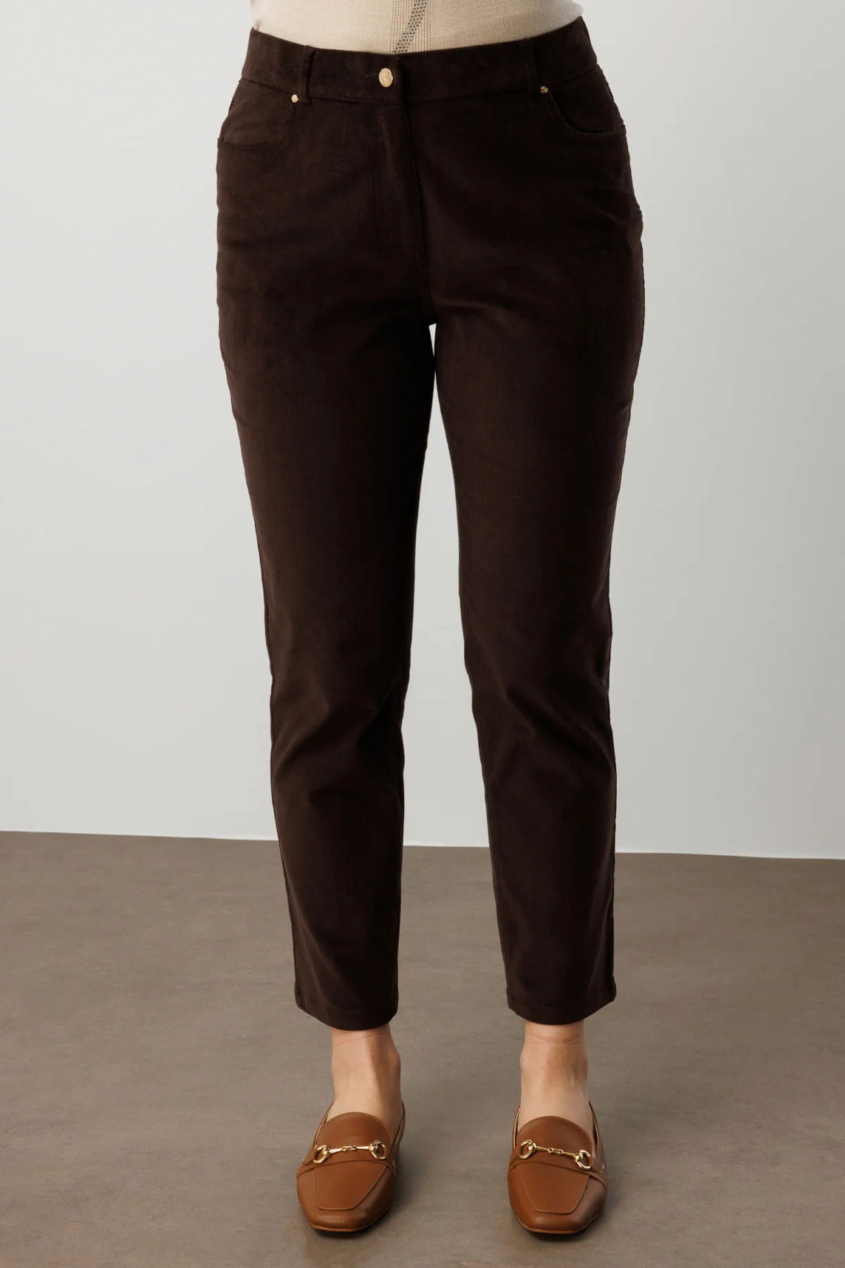Ekol Kadın Büyük Beden Dar Paça Kadife Pantolon 1051 Kahverengi - 3