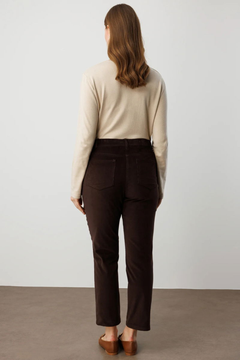 Ekol Kadın Büyük Beden Dar Paça Kadife Pantolon 1051 Kahverengi - 4
