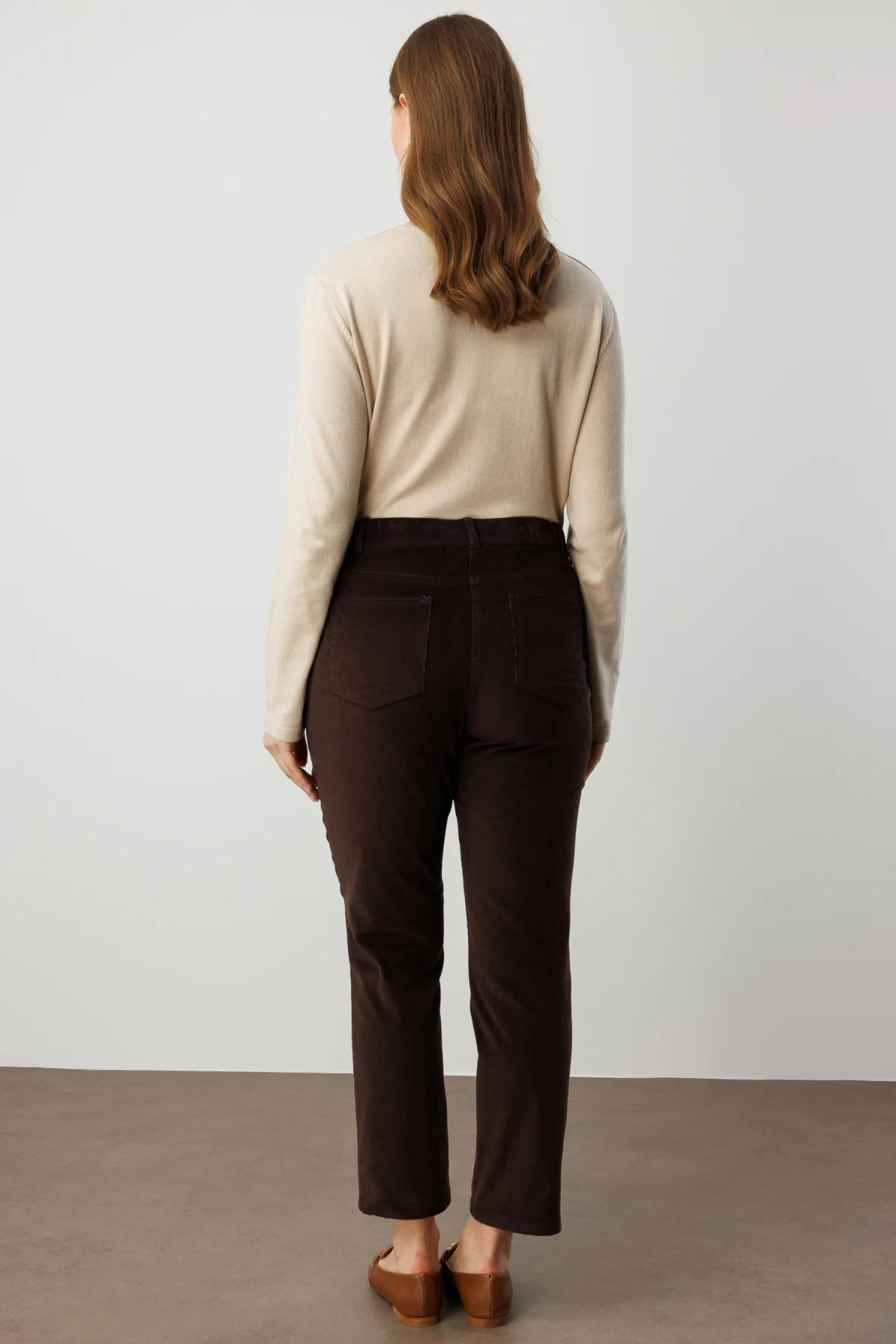 Ekol Kadın Büyük Beden Dar Paça Kadife Pantolon 1051 Kahverengi - 4