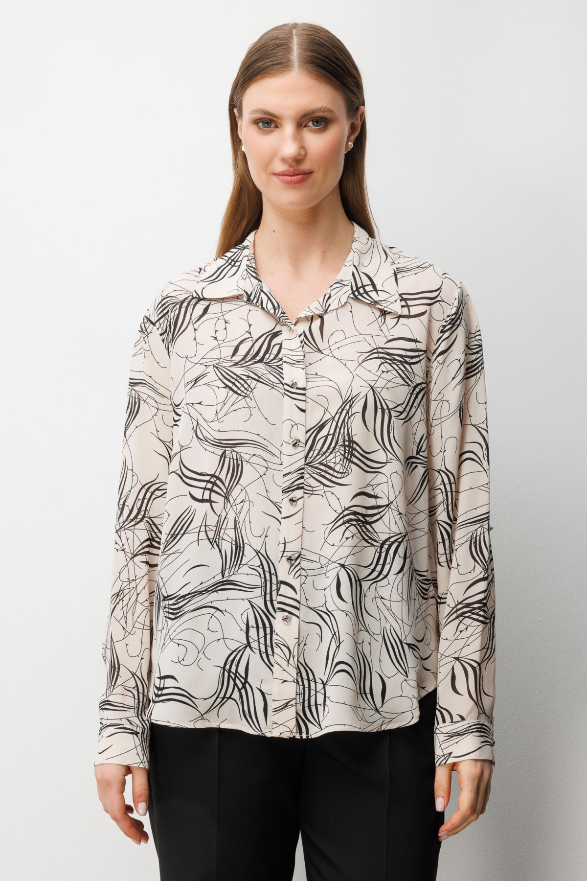 Ekol Kadın Büyük Beden Desenli Transparan Gömlek 2536 Ekru - 1