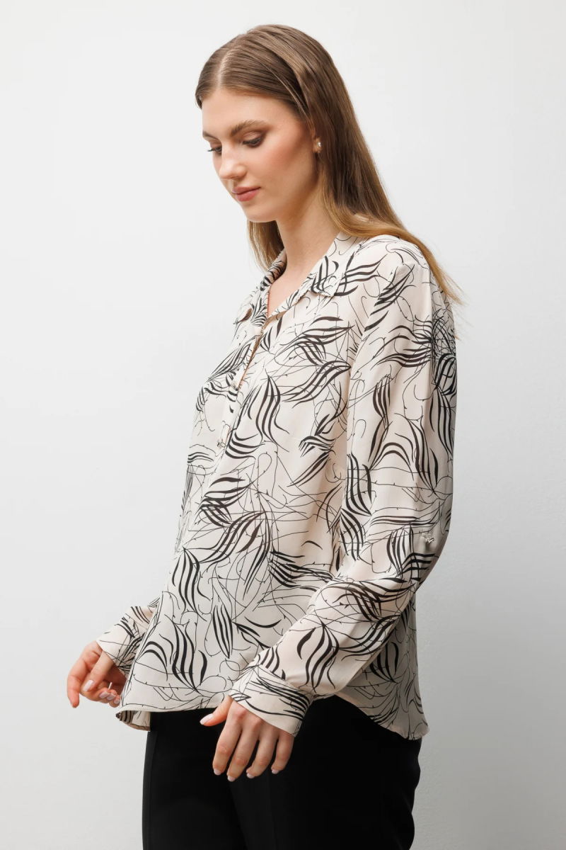Ekol Kadın Büyük Beden Desenli Transparan Gömlek 2536 Ekru - 2