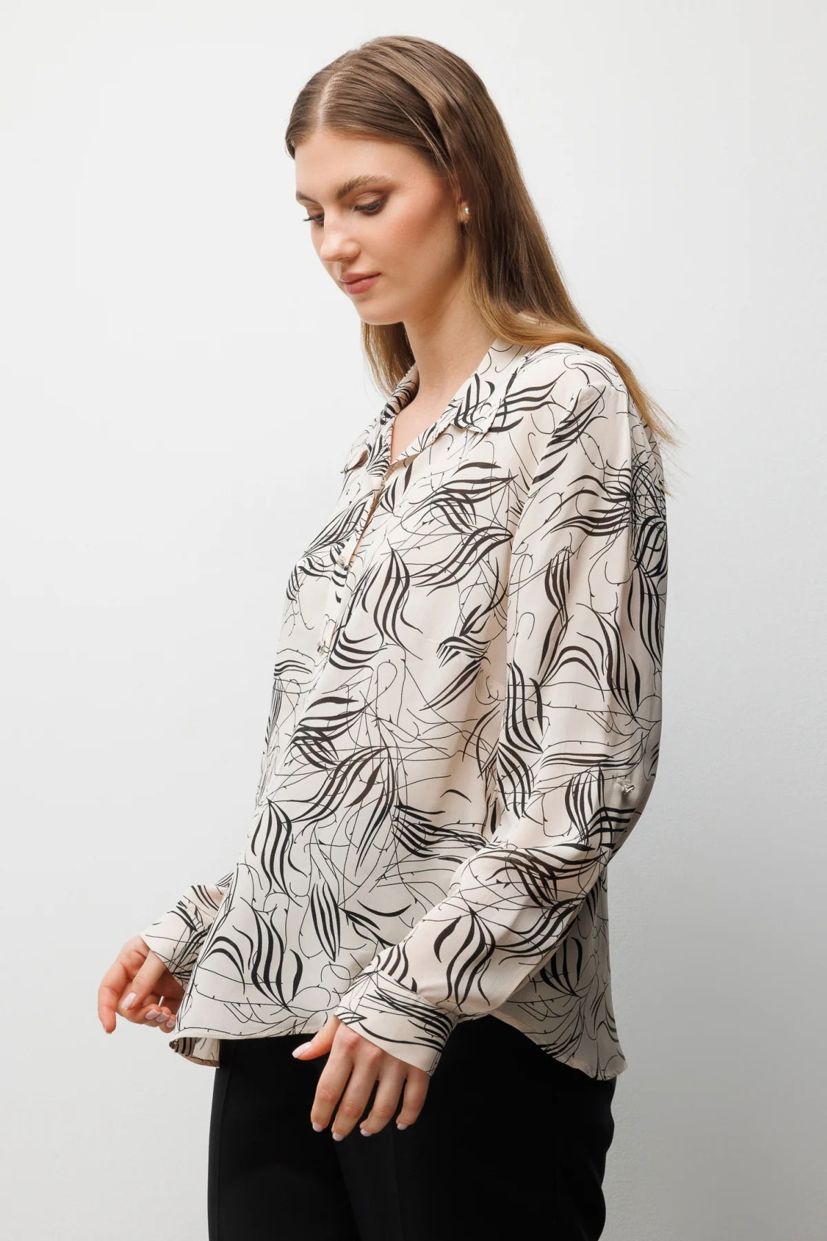 Ekol Kadın Büyük Beden Desenli Transparan Gömlek 2536 Ekru - 2