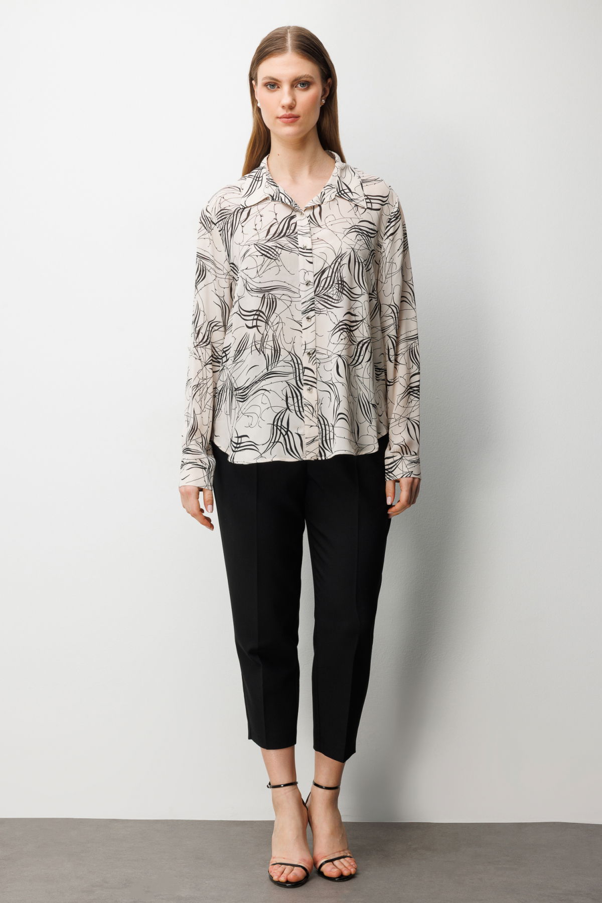 Ekol Kadın Büyük Beden Desenli Transparan Gömlek 2536 Ekru - 3