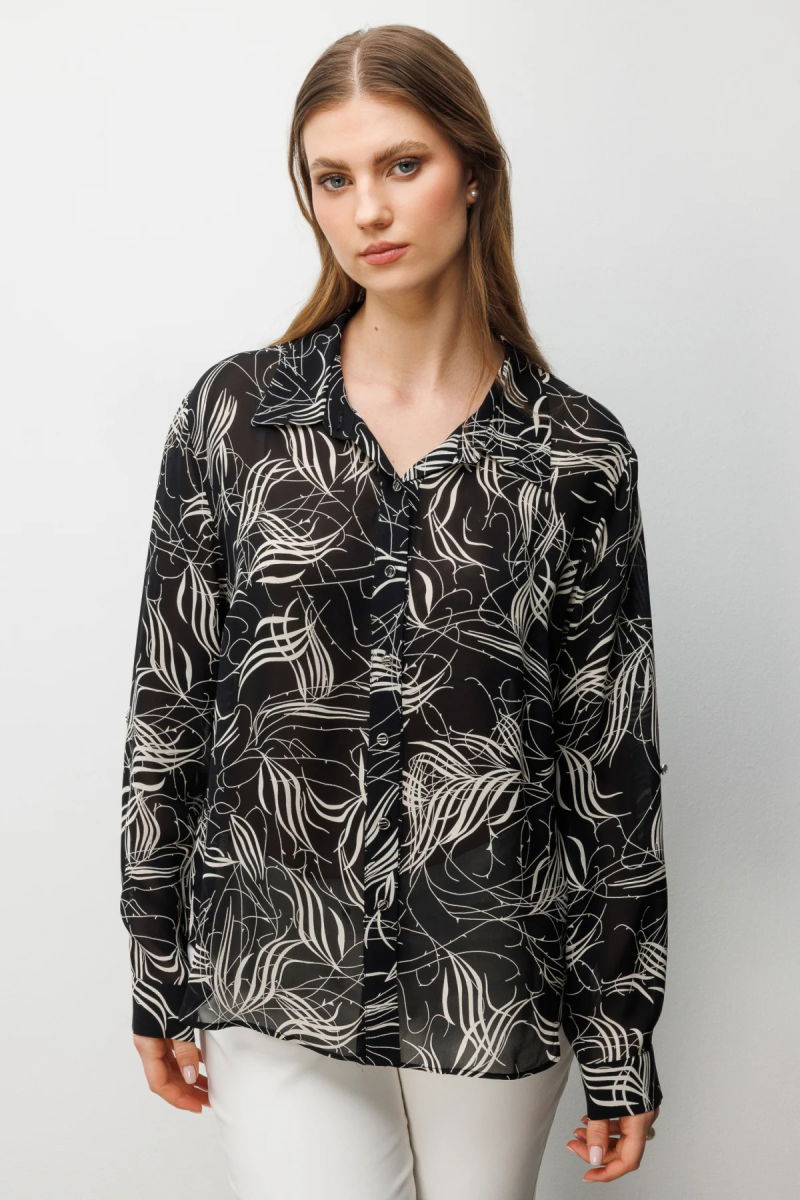Ekol Kadın Büyük Beden Desenli Transparan Gömlek 2536 Siyah 