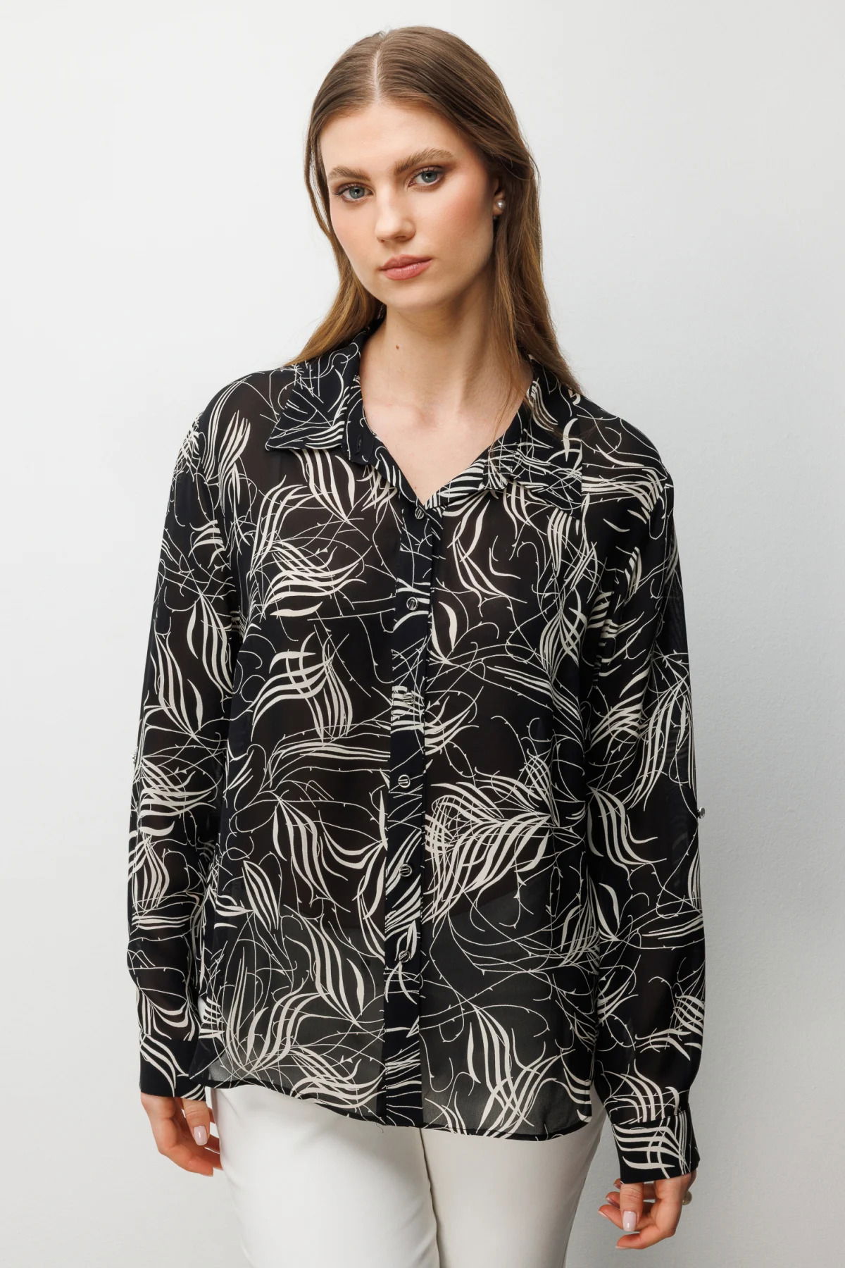 Ekol Kadın Büyük Beden Desenli Transparan Gömlek 2536 Siyah - 1