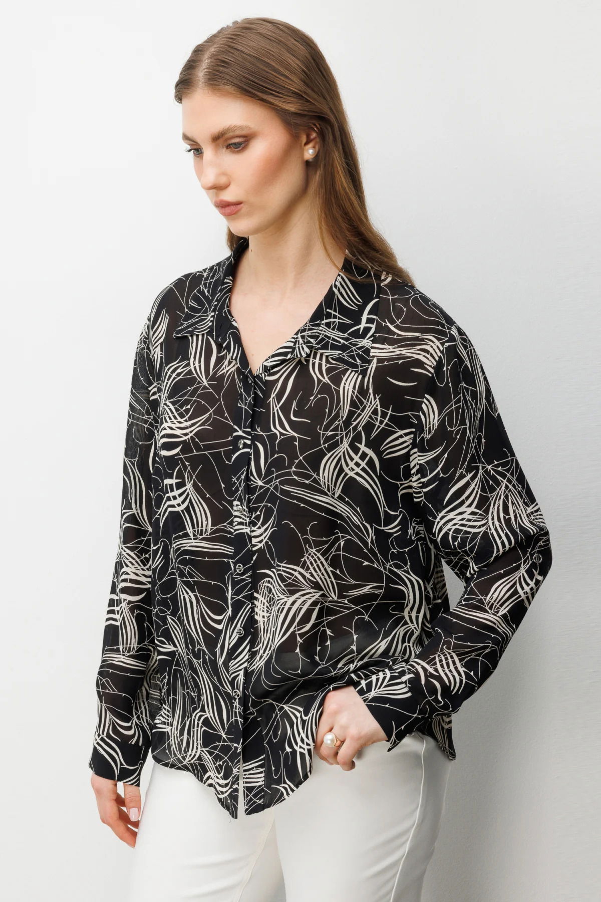 Ekol Kadın Büyük Beden Desenli Transparan Gömlek 2536 Siyah - 2
